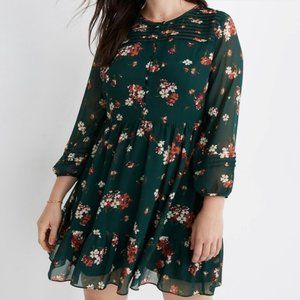 Madewell Sheer-Sleeve Pintuck Ruffle Dress in Spruce Blooms Size 0
